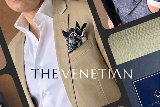 Collage of menswear details with the central image of a pocket square on a lapel of a cream blazer paired with a crisp white shirt