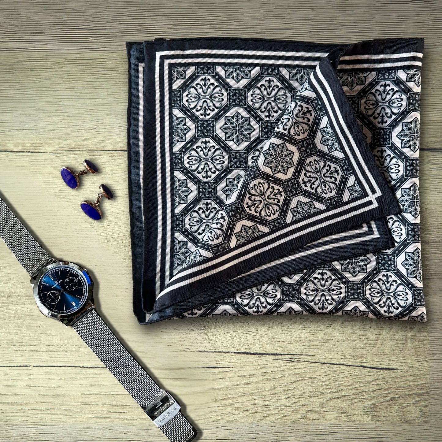 GOTHIC FLEURON | Navy Blue and White | Luxury Silk Pocket Square