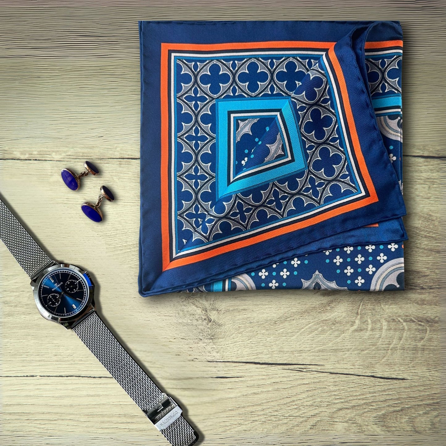 THE VENETIAN | Navy Blue and Orange | Luxury Silk Pocket Square