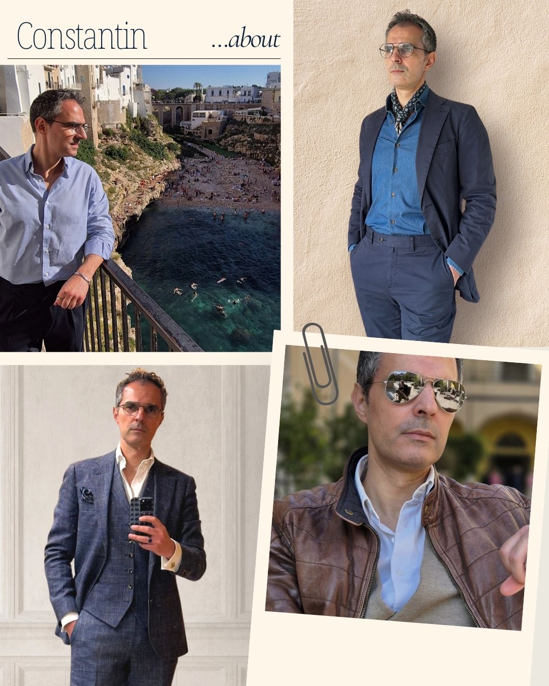 Collage of photos of Constantin in various outfits with scenic and indoor settings.