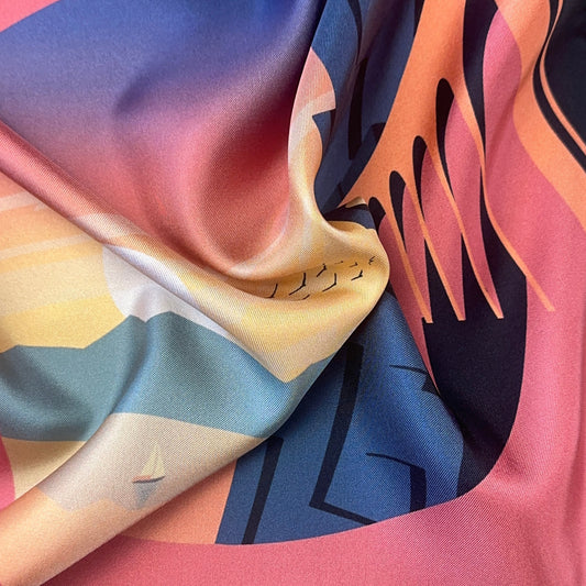 L'Odysee Pocket Square close-up of colourful silk fabric with Amalfi Inspired scenic view