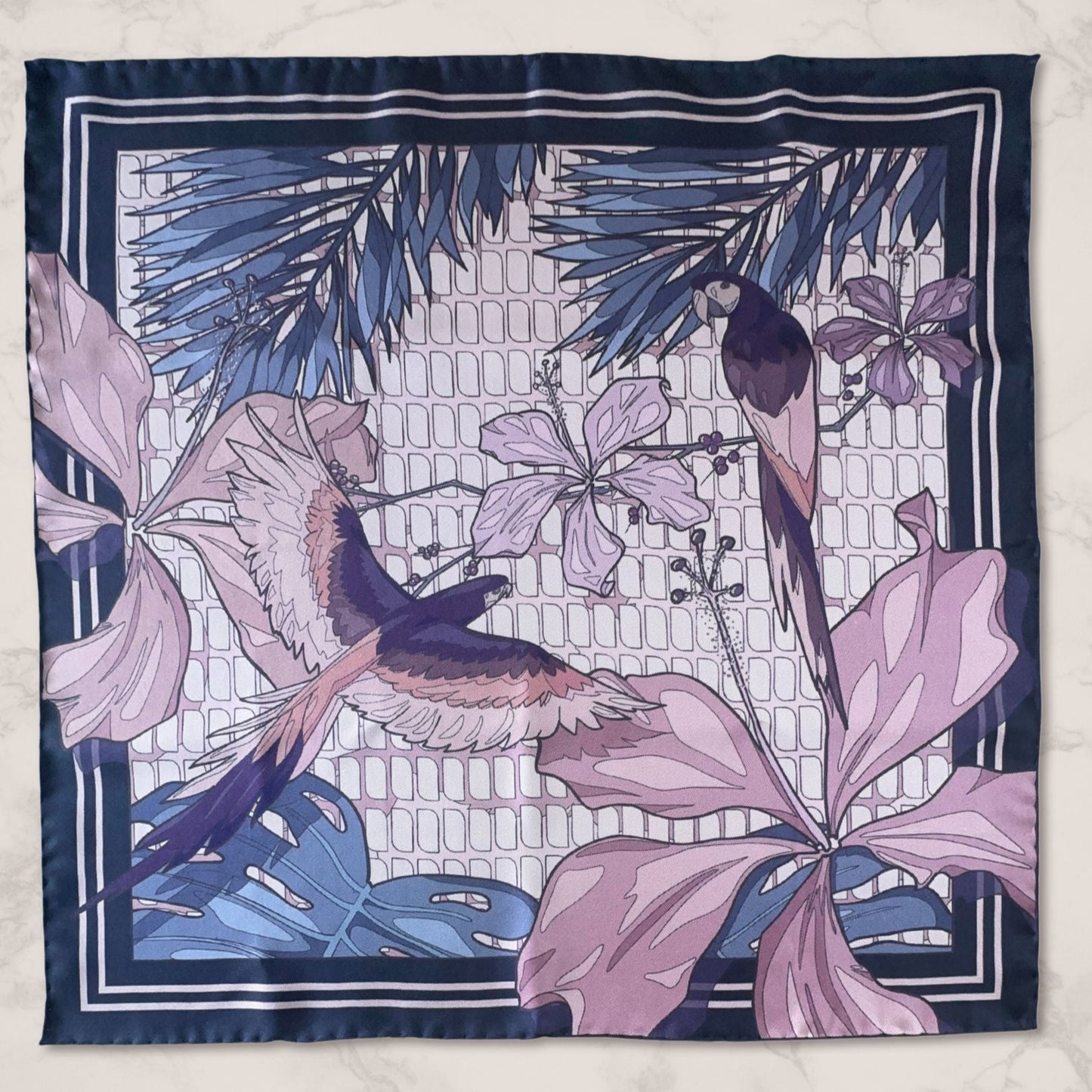 BLUEMATERIALS Pocket Square with floral and bird design in purple, pink and blue shades on a textured background - Inspired by the nature of tropical forests and symbols of love