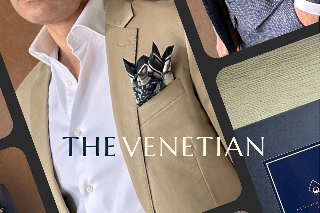 Collage of menswear details with the central image of a pocket square on a lapel of a cream blazer paired with a crisp white shirt