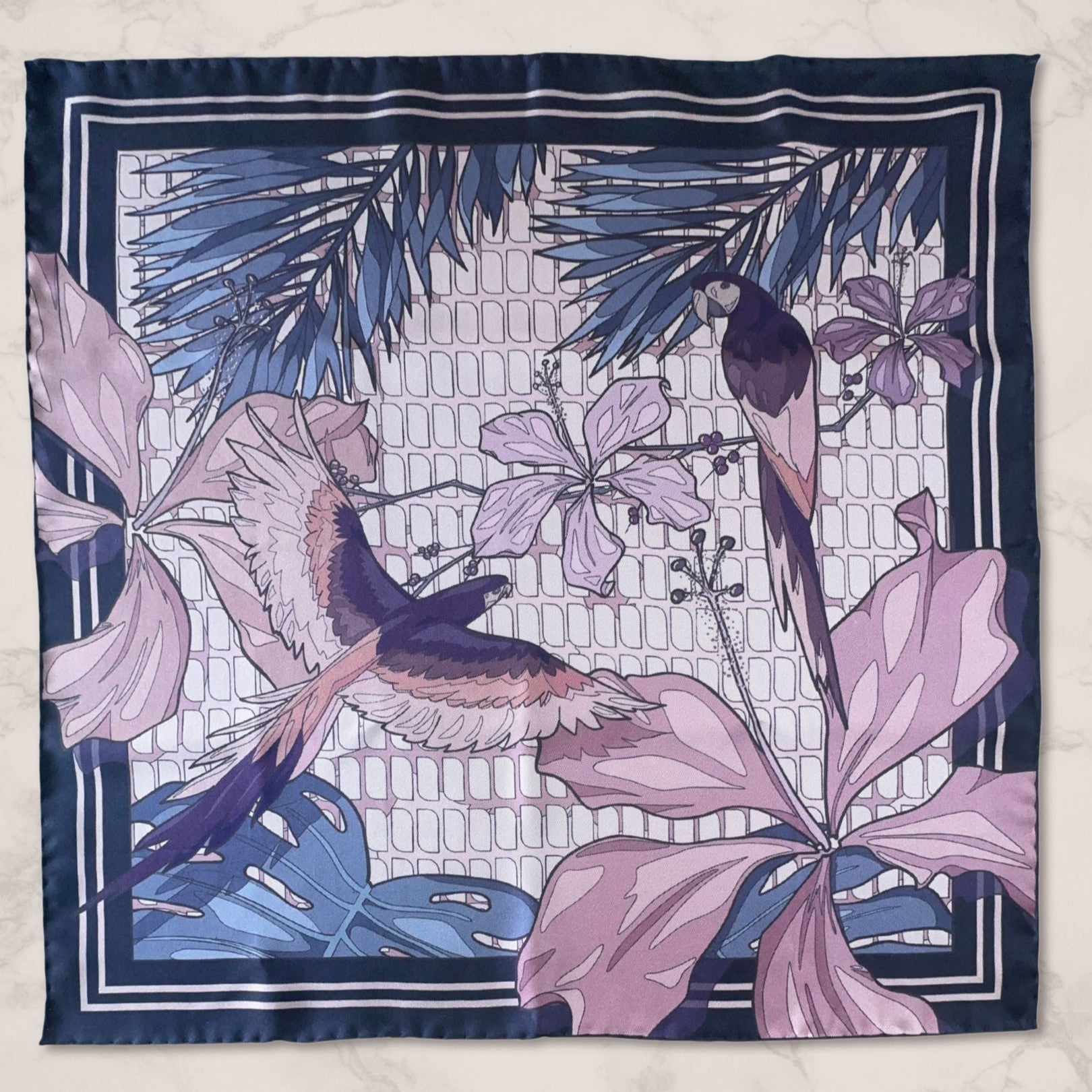 BLUEMATERIALS Pocket Square with floral and bird design in purple, pink and blue shades on a textured background - Inspired by the nature of tropical forests and symbols of love